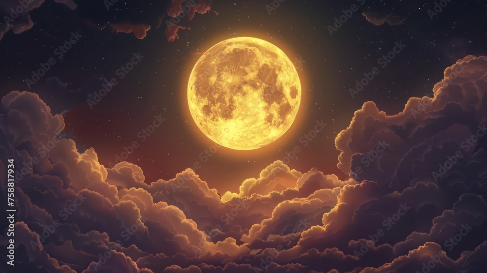 Anime style illustration of full moon and clouds