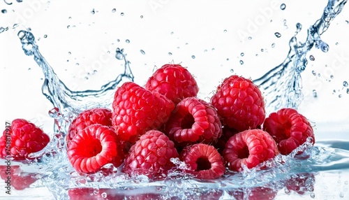 raspberries in a splash of water on a white background