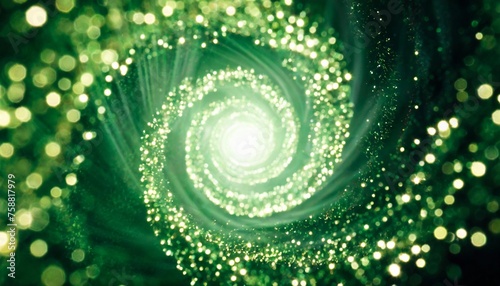 abstract green energy magical glowing spiral swirl tunnel particle background with bokeh effect