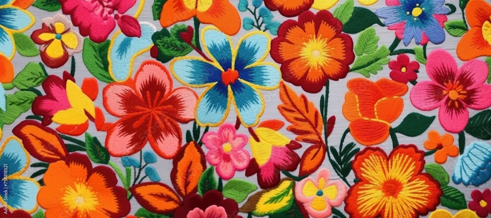 A tapestry bursts with hand-stitched flowers in a kaleidoscope of colors, showcasing meticulous craftsmanship A tapestry bursts with hand-stitched flowers in a kaleidoscope of colors, showcasing meticulous craftsmanship