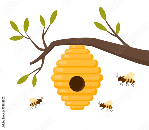 Yellow bee hive on a white background. Bee hive isolate. Bee house with a circular entrance. Insect life in nature. Bees near the hive. Beehive in a tree branch. Vector illustration.