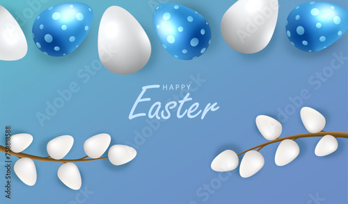 Happy Easter card vector. Holiday easter eggs and catkins on blue background. photo