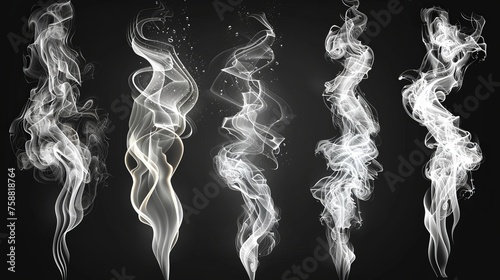 Flowing mist, smoking stream, steaming chemical vapour or cosmetics product vapour. Realistic 3D modern isolated clip art set.