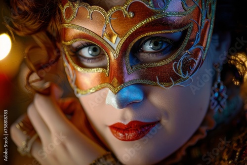 Stylish frame of a jovial Purim masquerade ball, featuring elegant attire, ornate masks, and ornamental decor. © mihrzn