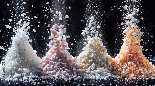 A set of stains made of crushed pieces of chalk or sand, coarse culinary graded sea salt granules and sugar crystals isolated on black. photo