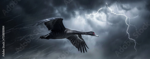 A lone black swan soars through a stormy sky, illuminated by lightning, showcasing its courage amidst turbulent weather.