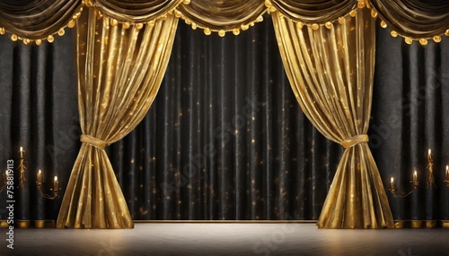 empty background theater stage with black gold velvet curtains