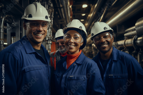 A group of smiling industrial employees with hard hats and safety glasses standing in a factory setting. Generative Al