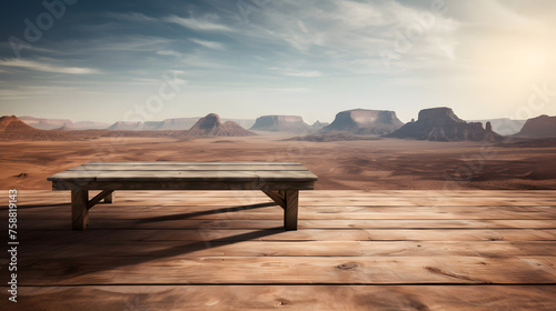 Empty wooden table in front of desert background
