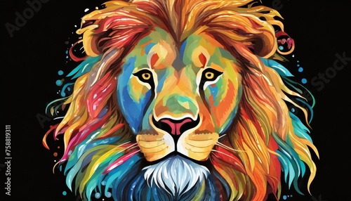 colorful poster with lion portrait isolated on black background