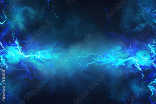 With realistic lightning and blue smoke cloud at the bottom and mystifying lightning glow border  this is a panorama with fluffy magic spell mist glowing with bolts of energy and a turquoise pattern