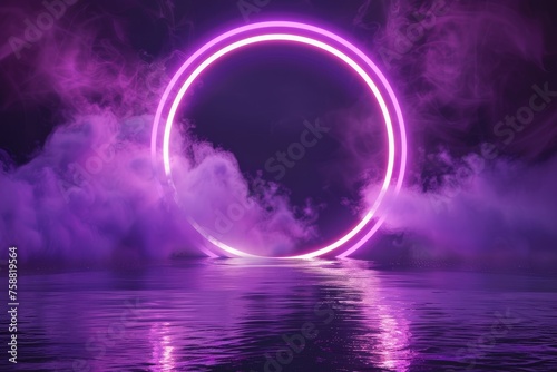 A neon circle frame with smoke floats on water. A round glowing frame with magic light dapples among soft clouds. A purple ring is adorned with bright sparkles and flares.