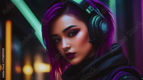 a girl from the future of Asian appearance, a woman with purple hair, a model with purple hair,a beautiful girl, an Asian girl, 
Cyberpunk, a woman with headphones photo