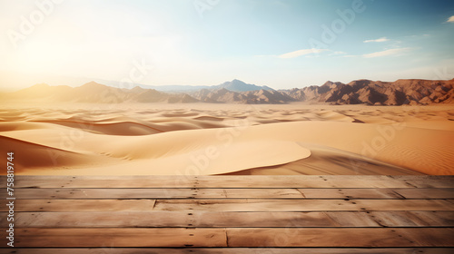 Empty wooden table in front of desert background
