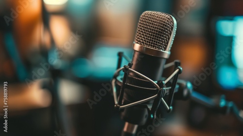 A business professional conducting a live podcast, sharing industry insights and interviewing influential figures in the business world.