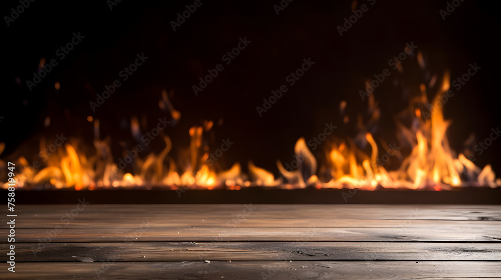 Obraz premium Empty wooden table in front of fire background