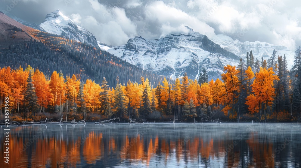 Obraz premium Nature and Landscapes: Photographs of mountains, forests, lakes, waterfalls, and other natural beauties. For example, colorful autumn trees, snowy mountain peaks, tropical rainforests.