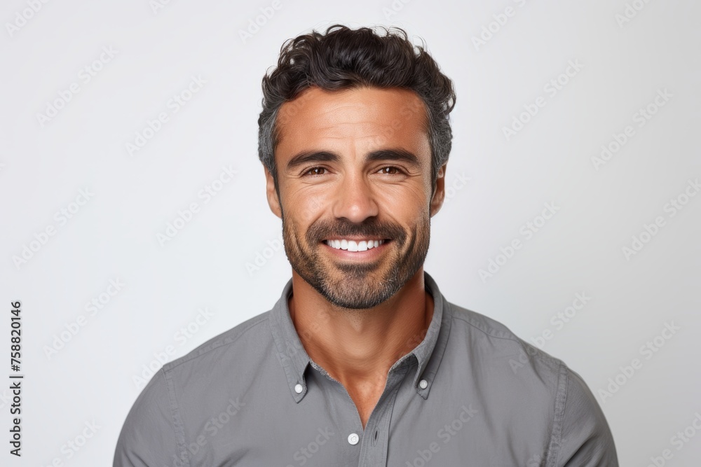 Portrait of handsome young man with beard and mustache smiling at camera - obrazy, fototapety, plakaty 