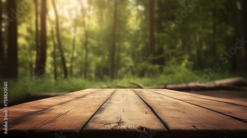 Empty wooden table in front of forest background