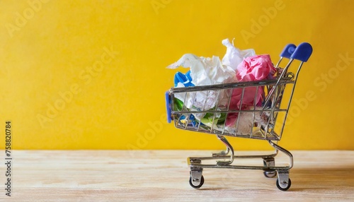shopping cart full of garbage on yellow background with copy space consumerism buying junk