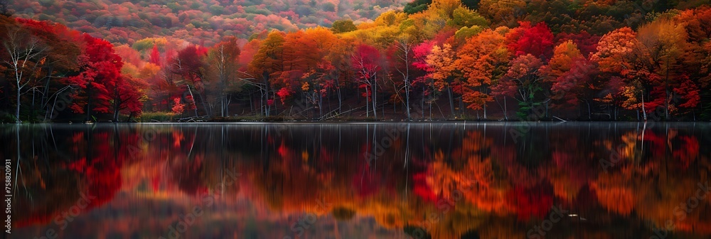 A vibrant autumn landscape with trees ablaze in shades of red, orange, and gold, reflected in the still waters of a lake - obrazy, fototapety, plakaty 