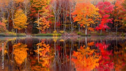 A vibrant autumn landscape with trees ablaze in shades of red, orange, and gold, reflected in the still waters of a lake