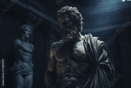 Mysterious ancient greek, roman male stoic statue, sculpture in dramatic lighting, shadows highlighting the impressive muscular build and classical beauty.  © MiniMaxi