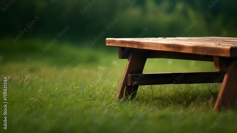 Empty wooden table in front of grass background Empty wooden table in front of grass background