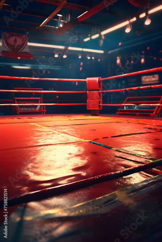 Corner of a Martial arts boxing ring inside a wrestling stadium with spotlights ready for crowds and audiences Indoor Sports Entertainment Competition