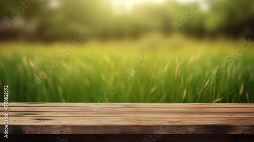 Empty wooden table in front of grass background