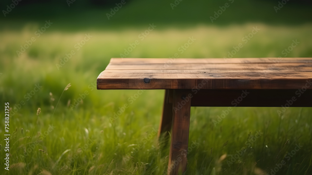 Empty wooden table in front of grass background Empty wooden table in front of grass background