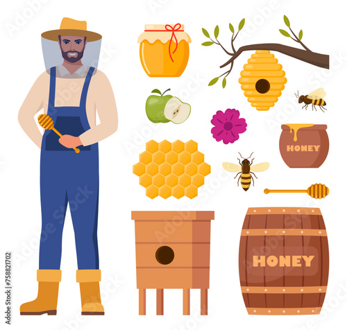 Beekeeping set. Beekeeper character, beehive, bee, honeycombs, honey jar, dipper, barrel flowers. Healthy sweet syrup. Beekeeping farm. Honey bee farming business. Vector illustration.