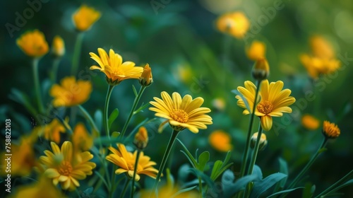A collection of vibrant green and yellow flowers blooming together in a spring garden, showcasing a fresh burst of color and life