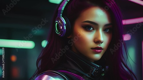 a girl from the future of Asian appearance, a woman with purple hair, a model with purple hair,a beautiful girl, an Asian girl, 
Cyberpunk, a woman with headphones photo