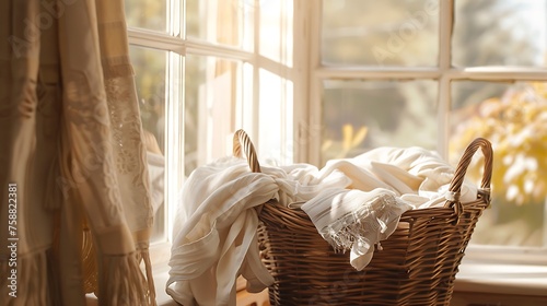 A vintage laundry basket brimming with freshly laundered linens  catching the morning sunlight streaming through a quaint window.