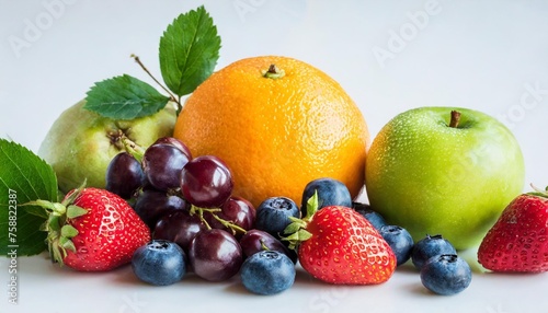 sweet ripe fruits and berries on white background