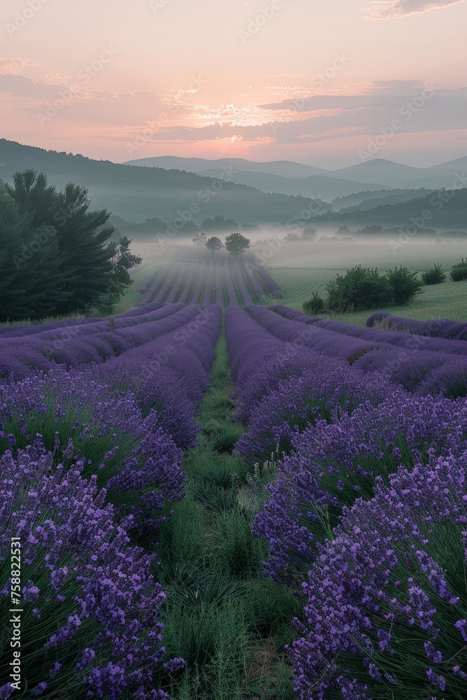 Fototapeta premium A lush field of lavender flowers bathed in the golden light of the setting sun, creating a serene and picturesque scene