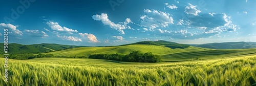 A vast expanse of vibrant green grass sways gently under a clear blue sky, creating a serene and picturesque scene