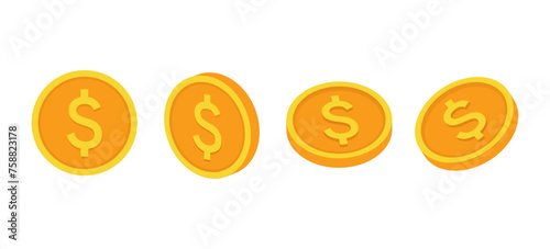 Vector 3d realistic gold dollar coins isolated on white background. Flat golden money set in different positions.