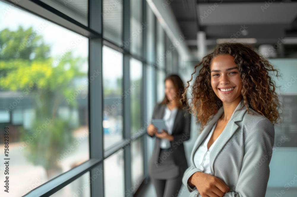 A young businesswoman stands confidently in the lobby of an office building, exuding professionalism.
A young businesswoman stands confidently in the lobby of an office building, exuding professionalism.