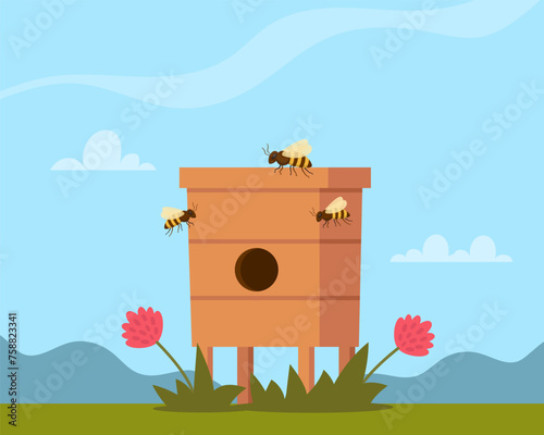 Apiary hive and honey bees. Farm with beehives and flowers garden panorama. Apiculture beekeeping. Vector illustration.