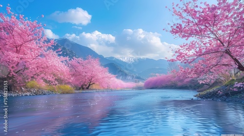 A serene river flows through a landscape filled with vibrant pink sakura trees, creating a mystical and enchanting scene