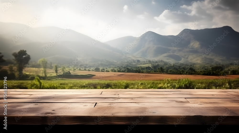 Empty wooden table in front of landscape background