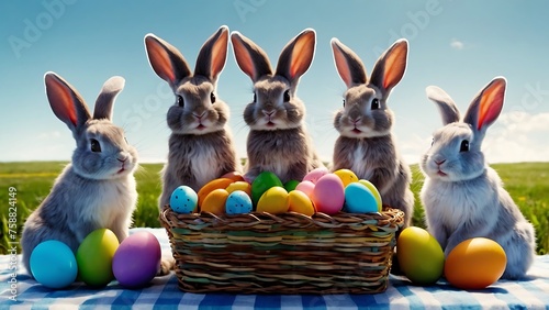 Group of bunnies with easter eggs in basket on green grass