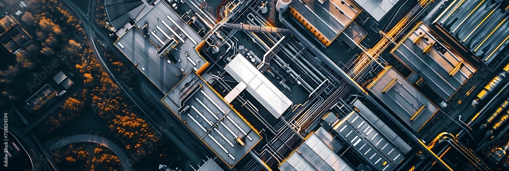 An aerial perspective of a modern factory complex, with sleek architectural lines cutting through the urban landscape.