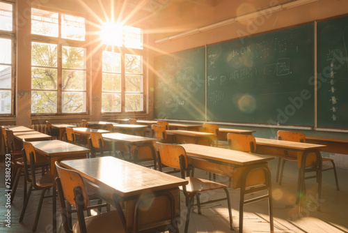 Classroom in school. Rows of desks against a chalk board in school class filled with sun light.
