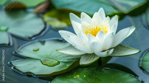 Beautiful blooming white water lily lotus flower with green leaves in the pond. Nature background