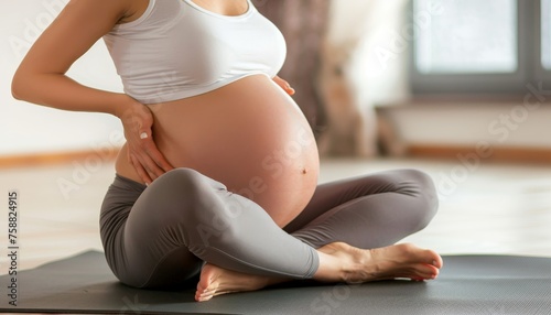 Pregnant woman enjoying a serene moment on a yoga mat at home, creating space for text placement.