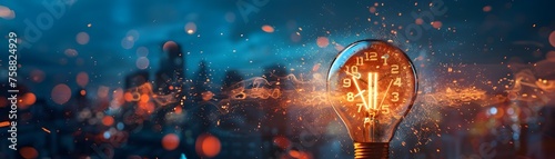 A light bulb with numbers on it is lit up in a cityscape. The light bulb is surrounded by a lot of sparks, giving the image a sense of energy and excitement