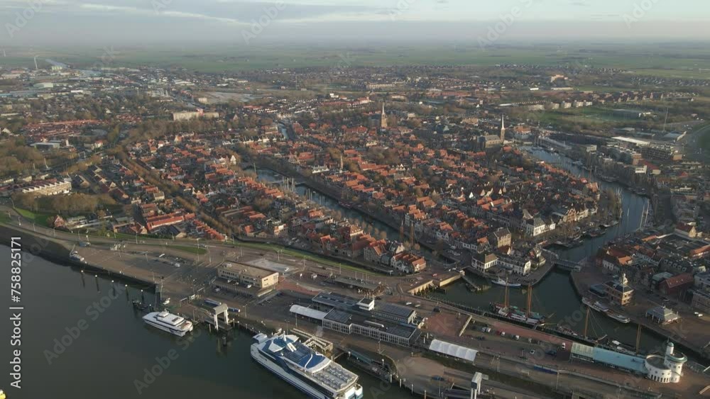 Aerial view of ferry terminal with arriving ferry, Harlingen, Netherlands Aerial view of ferry terminal with arriving ferry, Harlingen, Netherlands